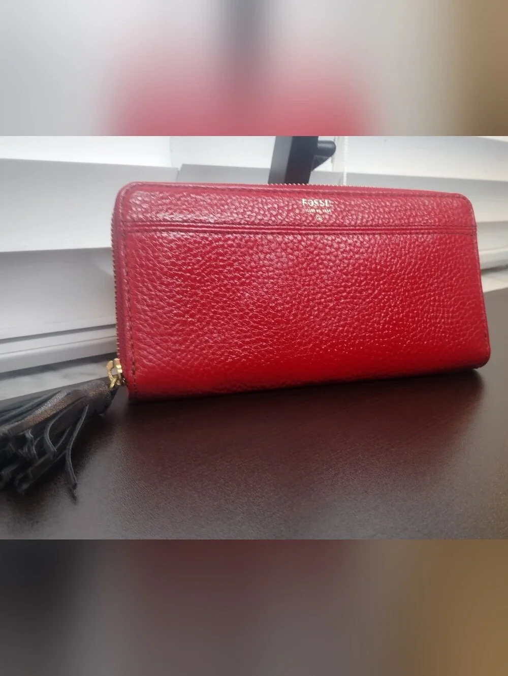Fossil 1954 Red Grained Leather Clutch Wallet With Tassels